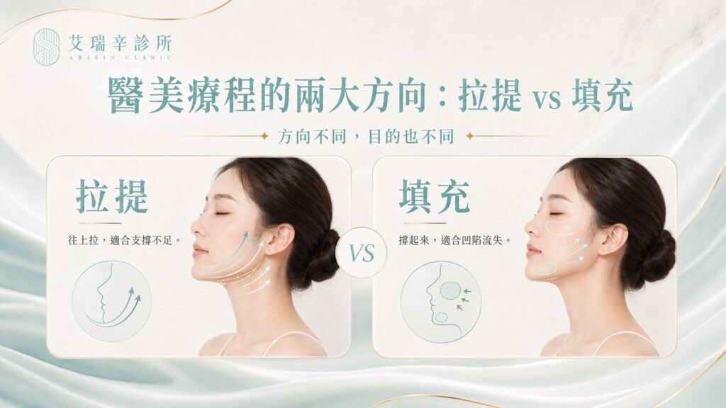 臉下垂醫美拉提完整指南:音波、電波、埋線、肉毒、玻尿酸、膠原蛋白針怎麼選? 1 醫美療程的兩大方向:拉提 vs 填充