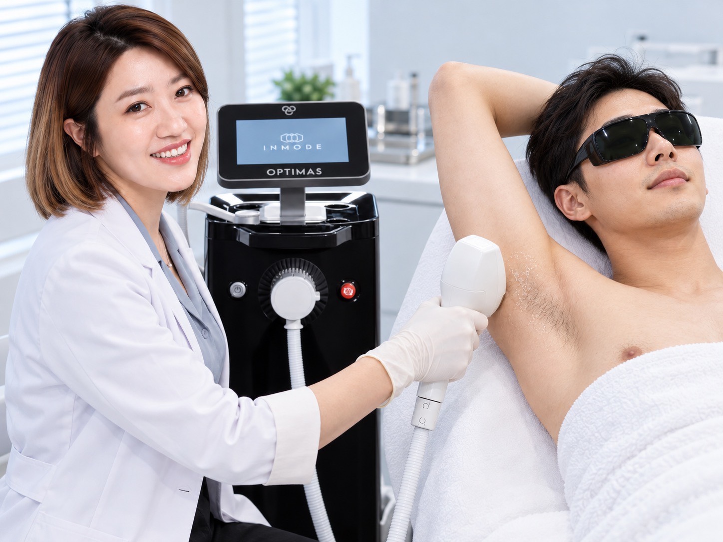 An illustration showing a doctor using a laser hair removal device to perform an underarm laser hair removal treatment on a patient