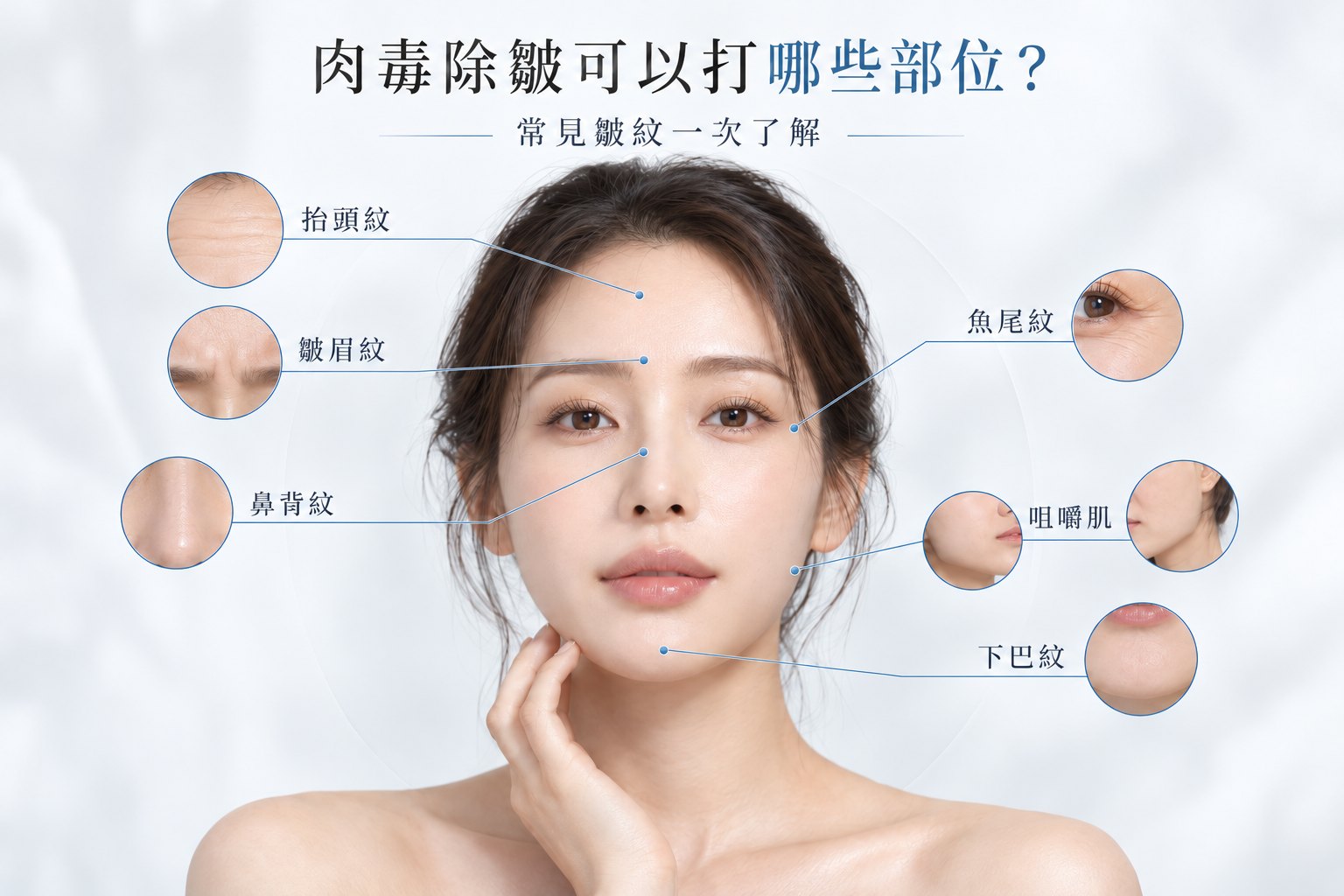 肉毒除皺可以打哪些部位：抬頭紋、皺眉紋、鼻紋、魚尾紋、下巴紋位置示意圖